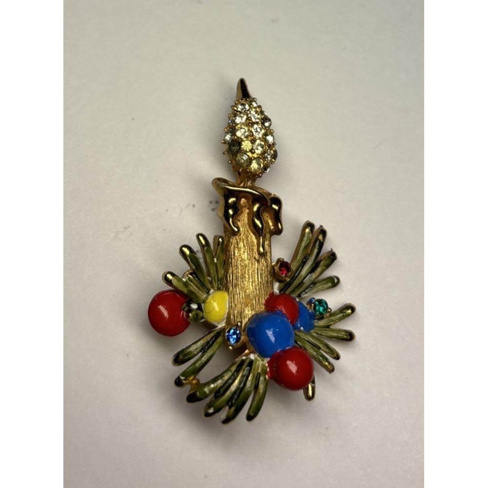 Vintage WEISS Christmas Candle Pin Brooch Rhinestones 2"